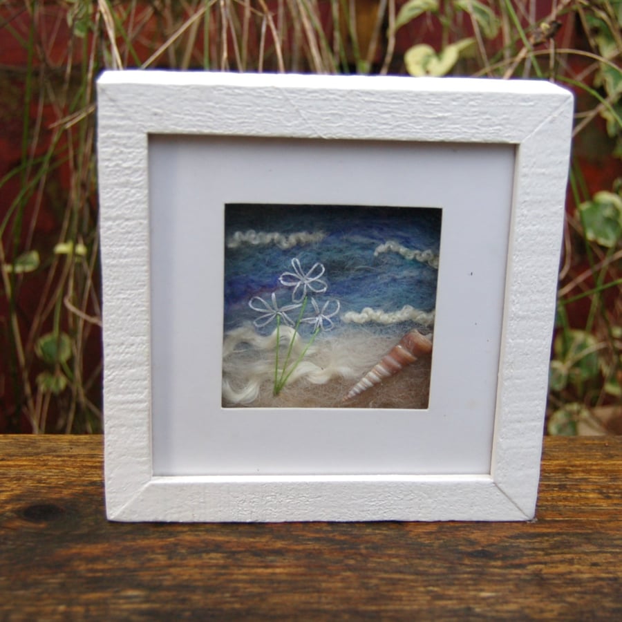 Needle felted and hand embroidered wool picture - Coastal scene