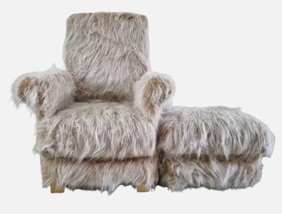 Brown Faux Fur Fabric Chair & Footstool Adult Armchair Teddy Bear Seat Accent