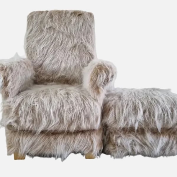 Brown Faux Fur Fabric Chair & Footstool Adult Armchair Teddy Bear Seat Accent