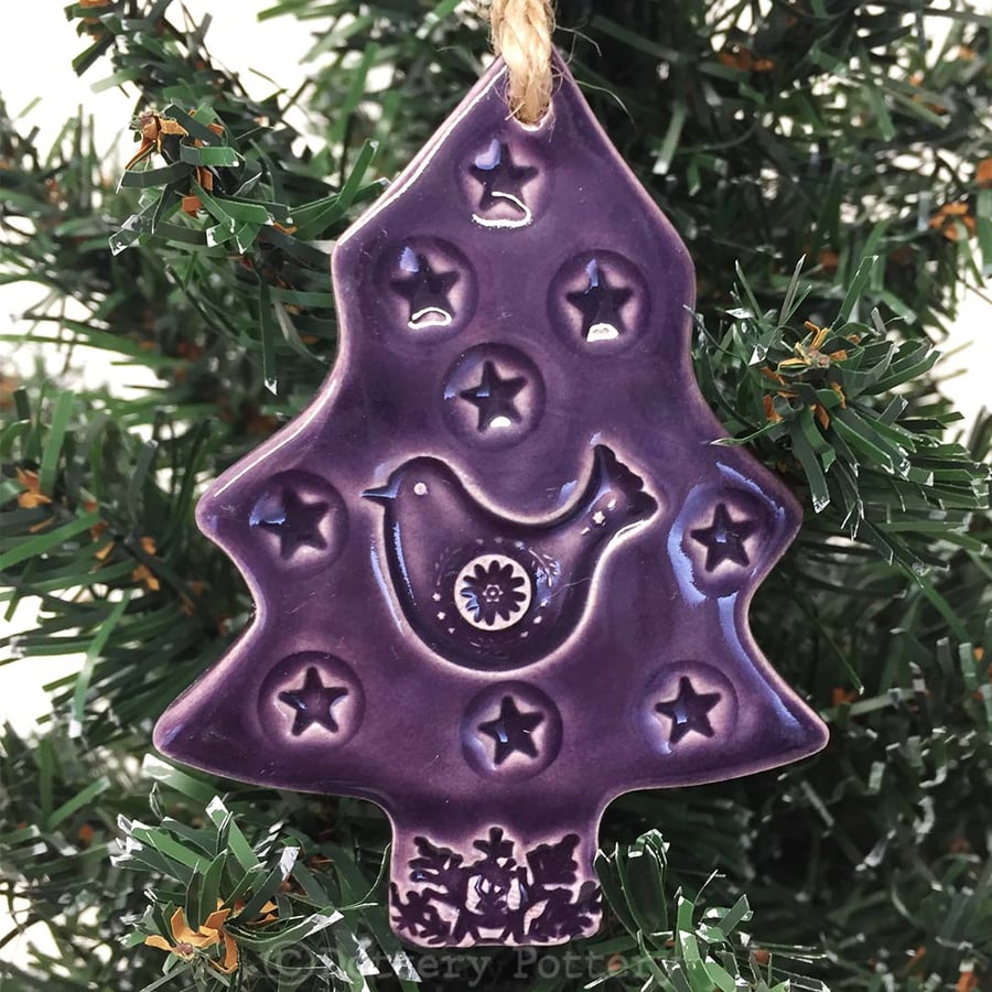 Purple Ceramic Christmas tree decoration with bird and star Pottery decoration