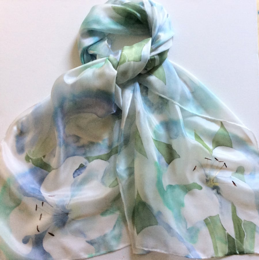 White Lilies hand painted silk scarf