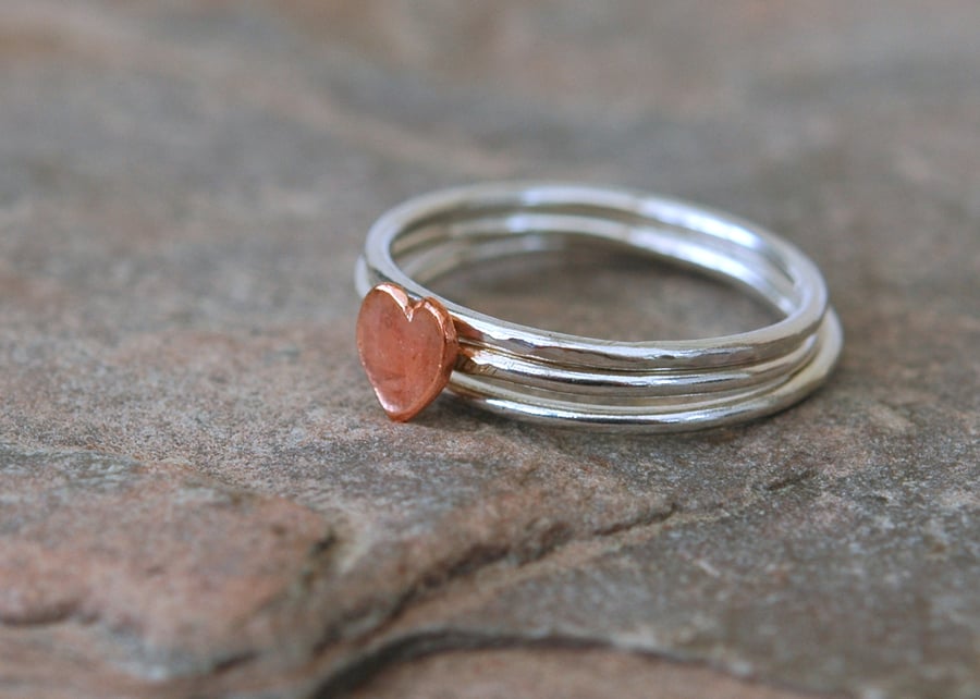 Trio of  Sterling Silver Stacking Rings with Copper Heart,  size O,   R142