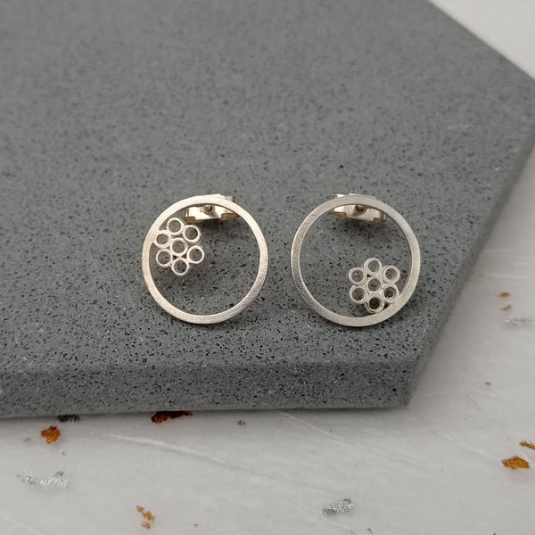 recycled sterling silver wire and tube flower earrings - round floral studs