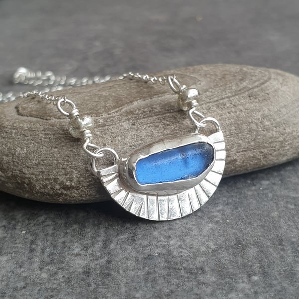 Cornflower blue seaglass pendant, Silver crescent necklace, Ocean themed gift