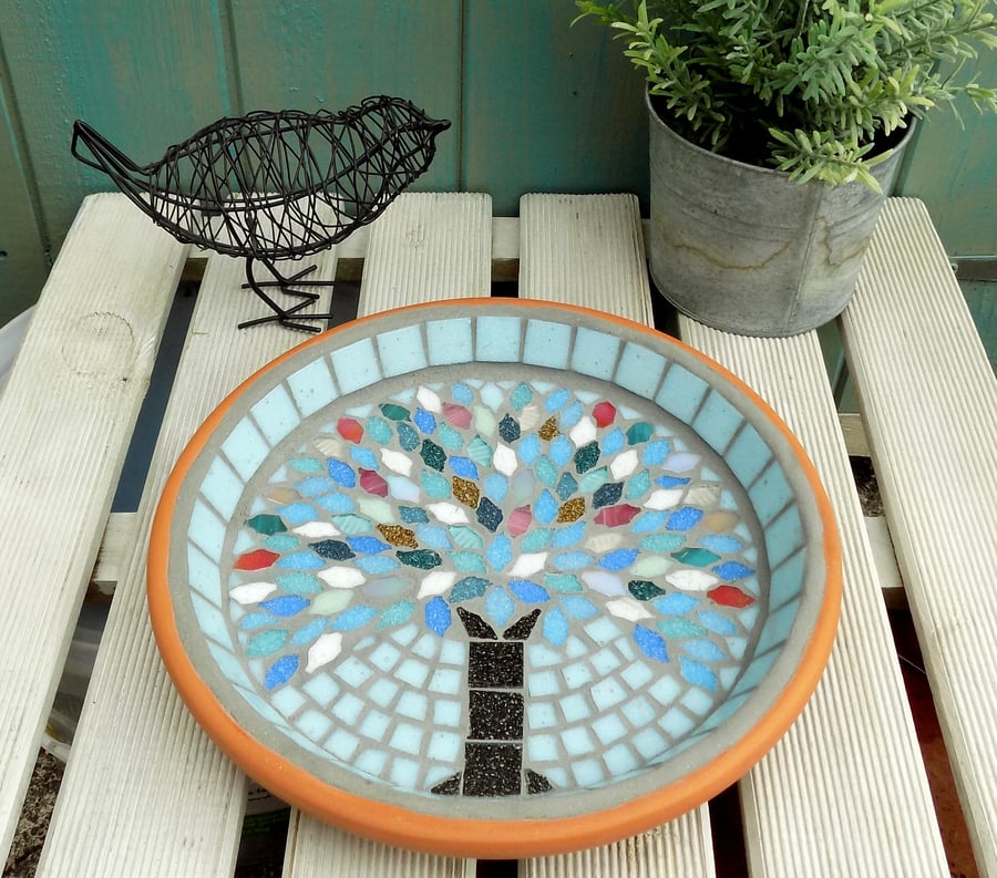 Winter Jewel Tree Mosaic Garden Bird Bath