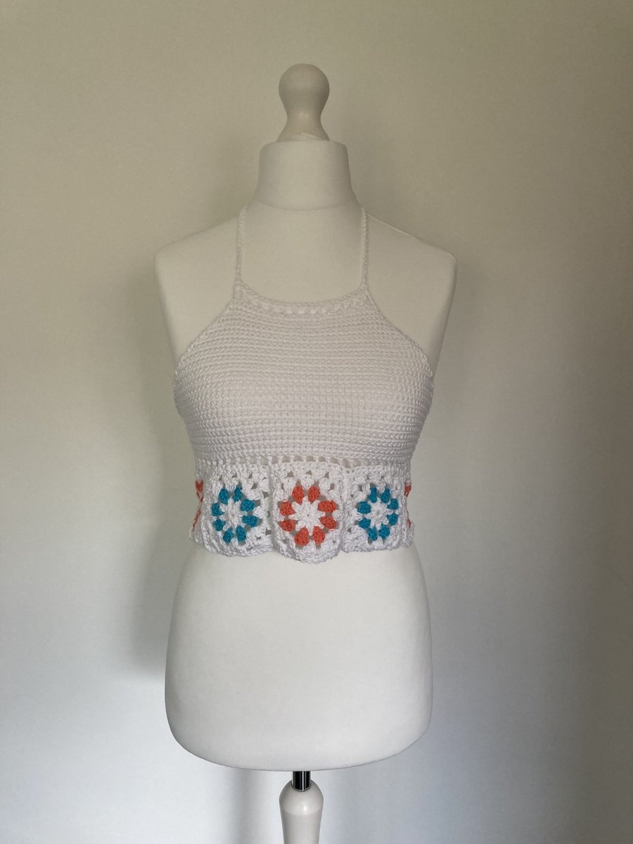 Ladies White Crop Top with Granny Square Hem