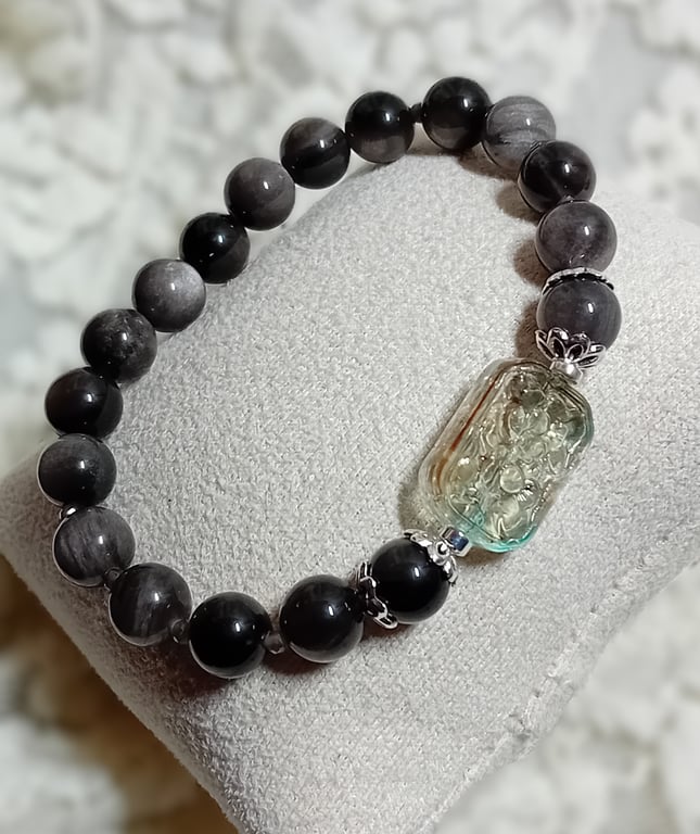 Obsidian Silver Sheen and Glass Bracelet