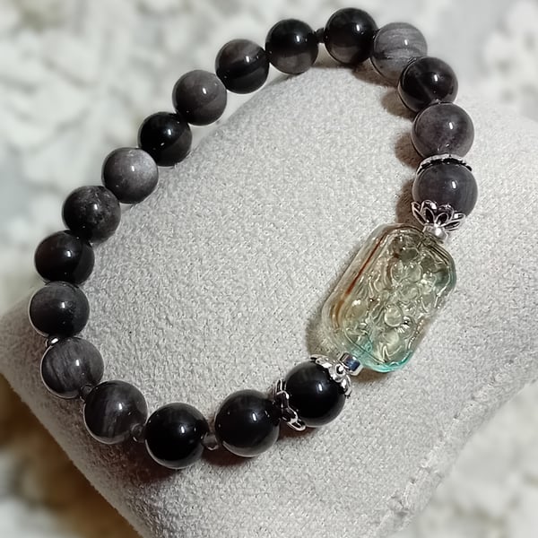 Obsidian Silver Sheen and Glass Bracelet