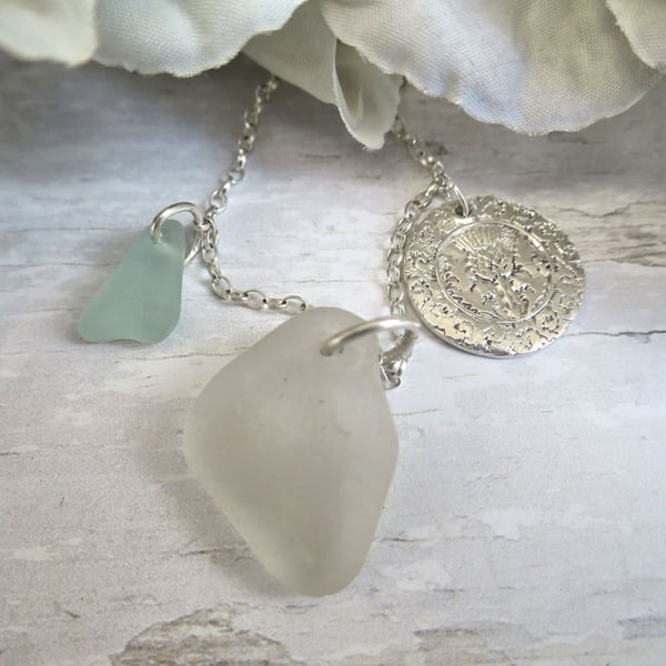 Grey and Aqua Scottish Sea Glass and Silver Necklace