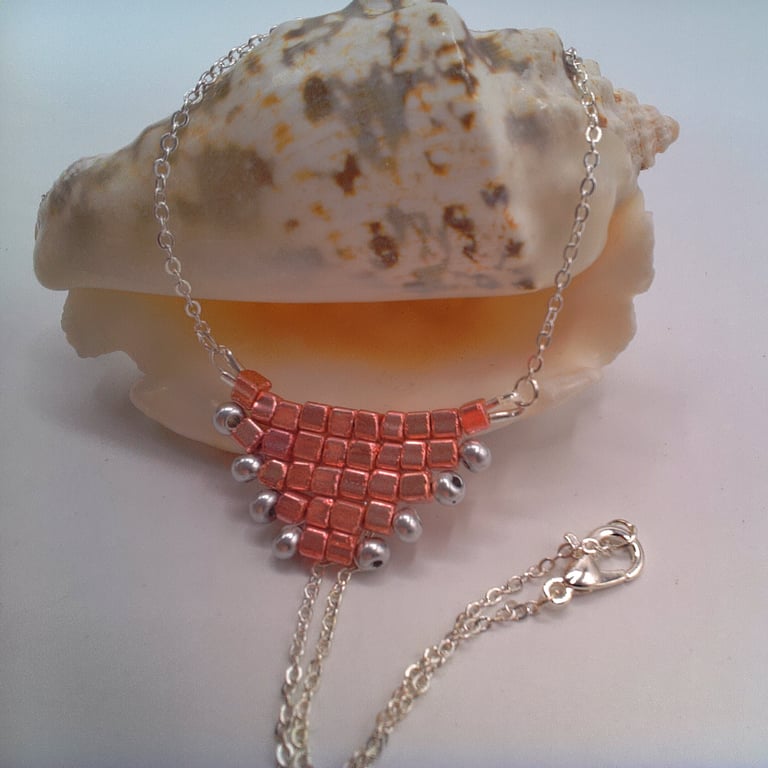 Hand Sewn Metallic Pink and Silver Beaded Pyramid Necklace, Gift for Her