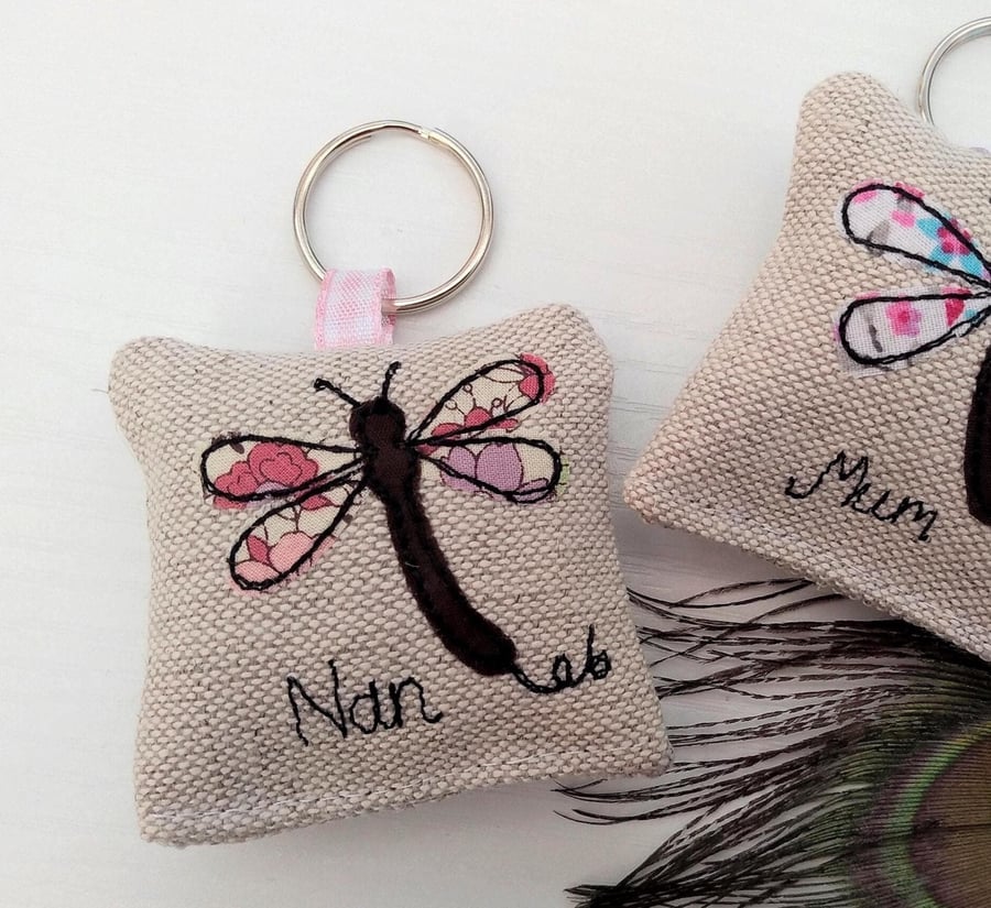 Dragonfly Custom Keyring with optional Lavender Scent - Free motion applique 