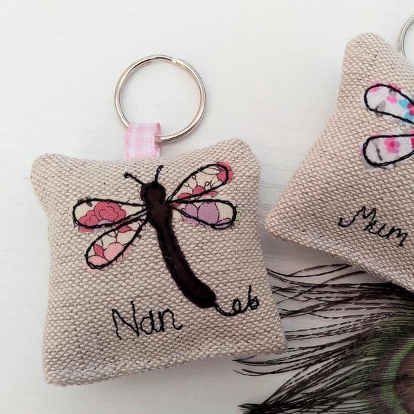Dragonfly Custom Keyring with optional Lavender Scent - Free motion applique 