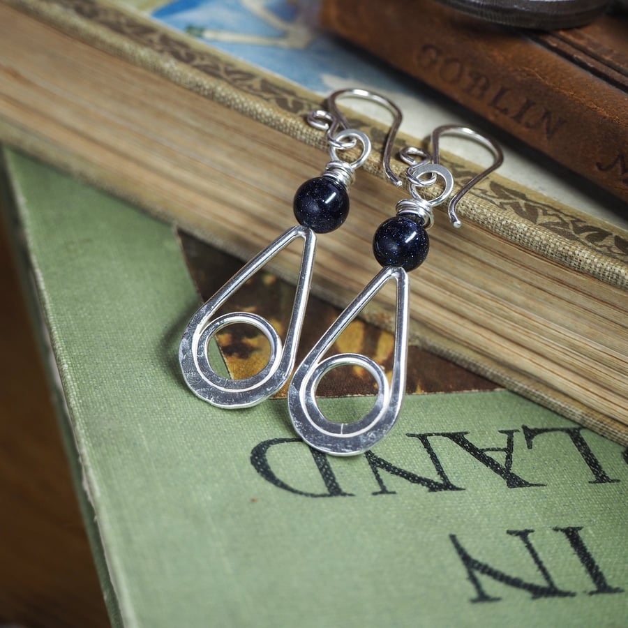 Argentium Silver Earrings, Dangle drop with blue goldstone