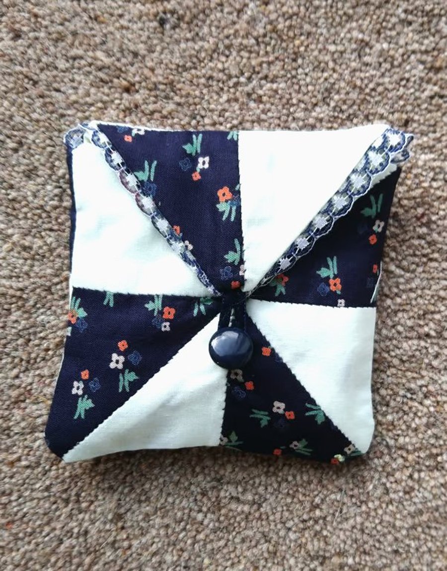 Little patchwork bag, purse or gift pouch, navy blue & pale green or pink