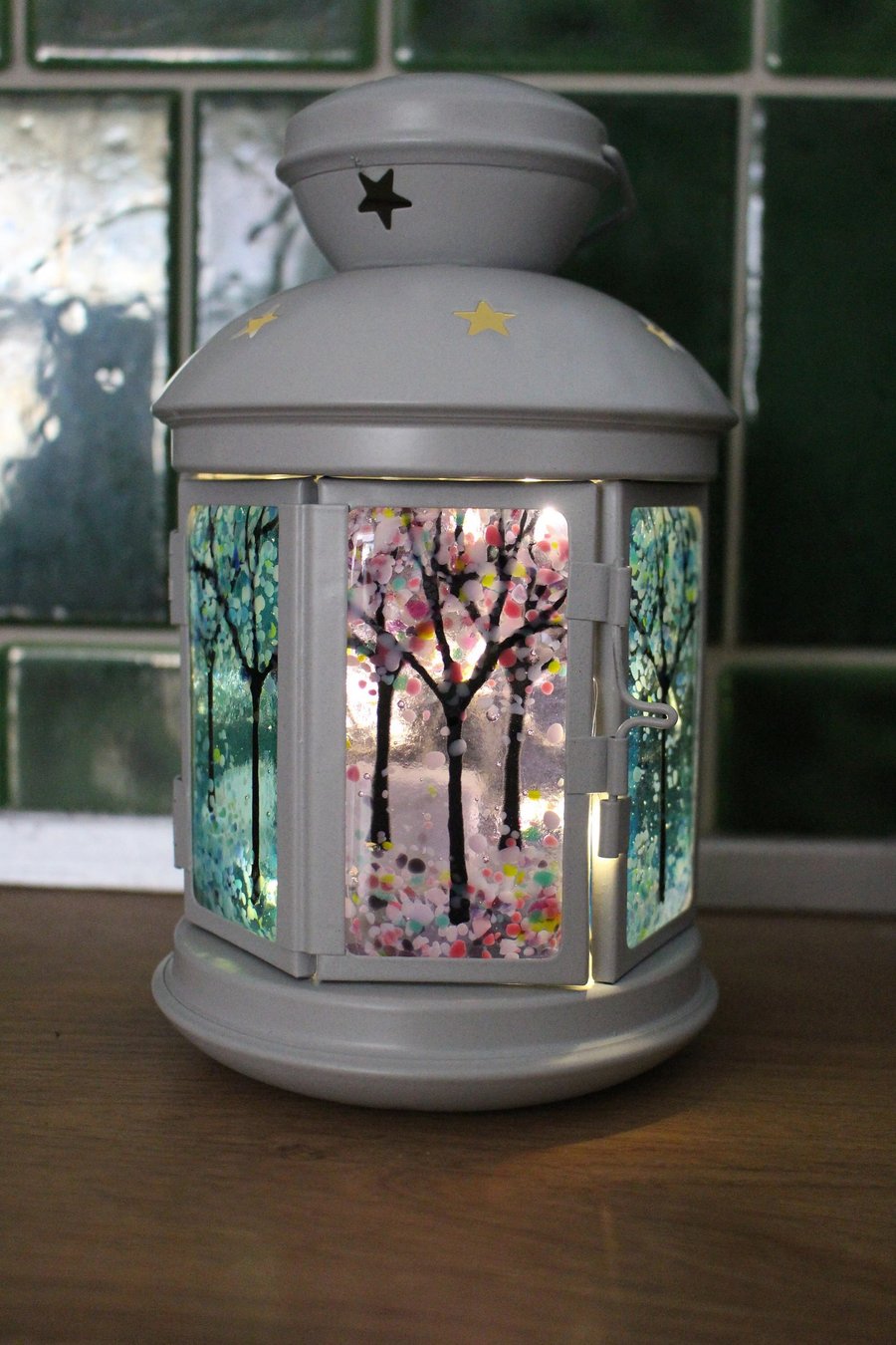 Seconds Sunday Rustic Style Grey Lantern with Fused Glass panels & fairy lights