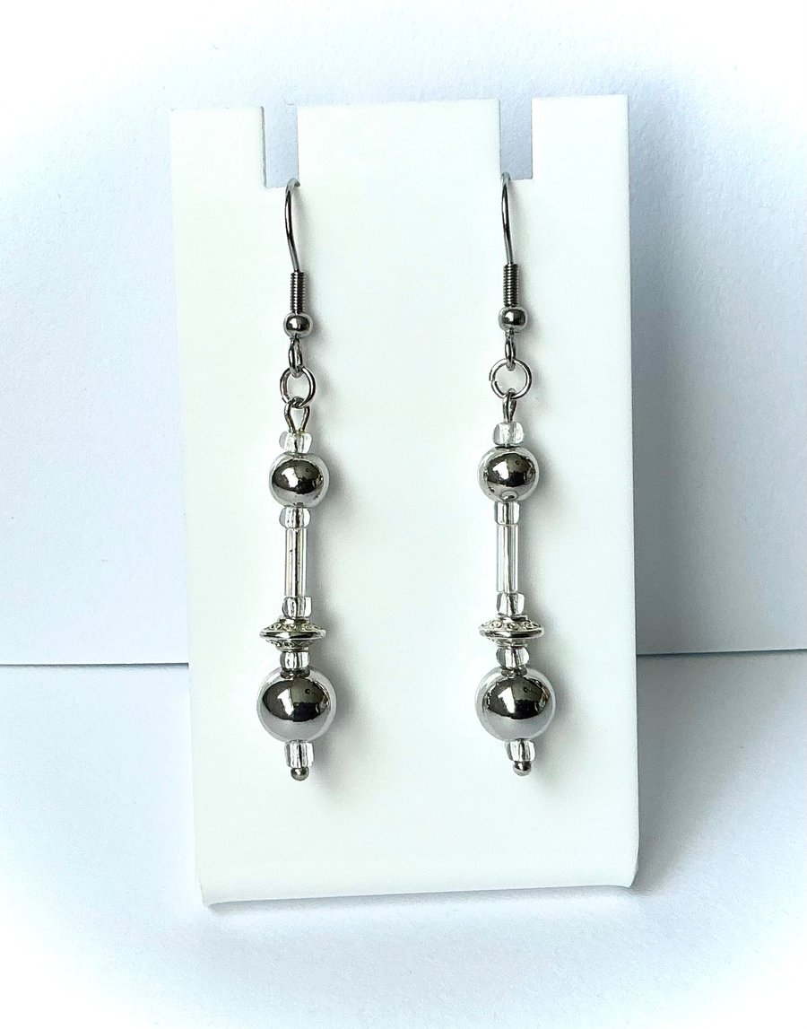 Silvertone Beaded Dangly Earrings