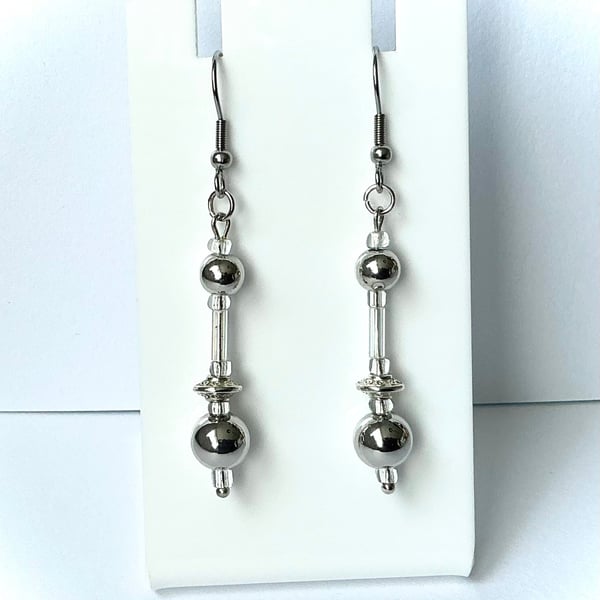 Silvertone Beaded Dangly Earrings