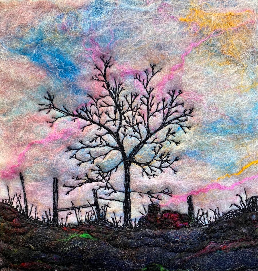 Mounted embroidered sunrise tree wet felted artwork, wall art. 