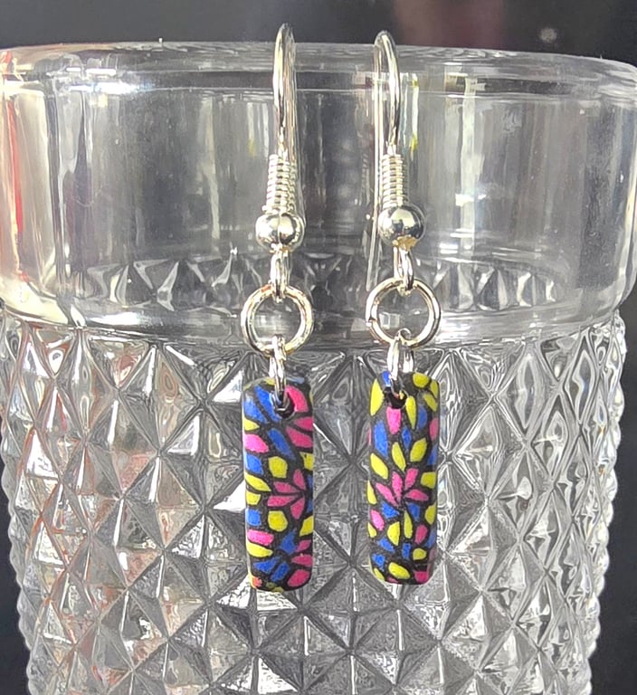 Polymer clay stained glass inspired mini drop earrings on silver plated earhooks