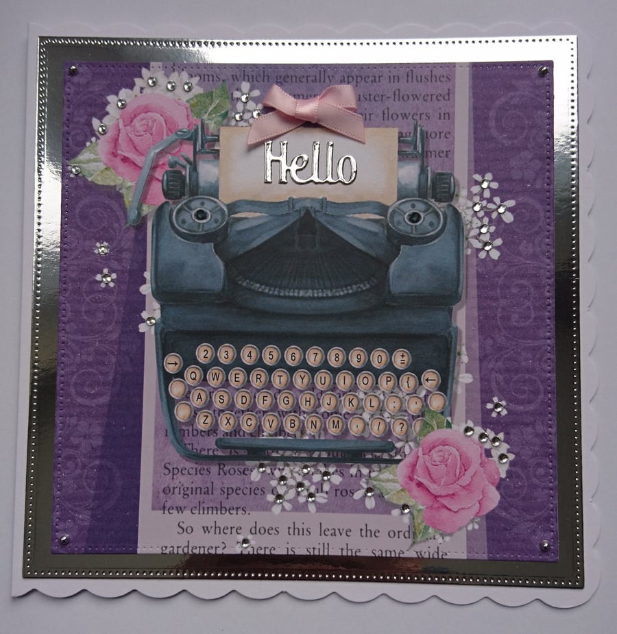 Hello Card Vintage Paper Typewriter Pink Roses Silver Foil 3D Luxury Handmade