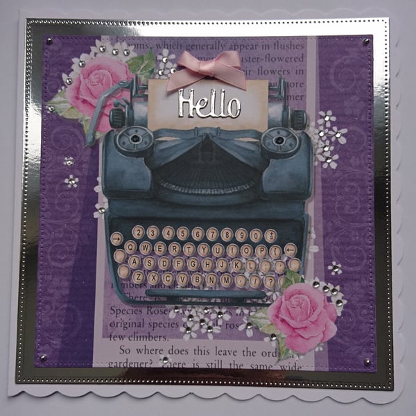 Hello Card Vintage Paper Typewriter Pink Roses Silver Foil 3D Luxury Handmade