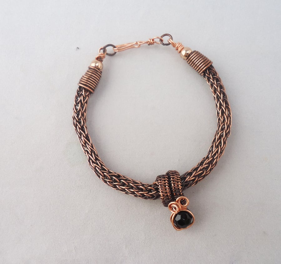 Wire Wrapped Bracelet,Obsidian Viking Knit Bracelet,Copper Wire Wrapped Bracelet