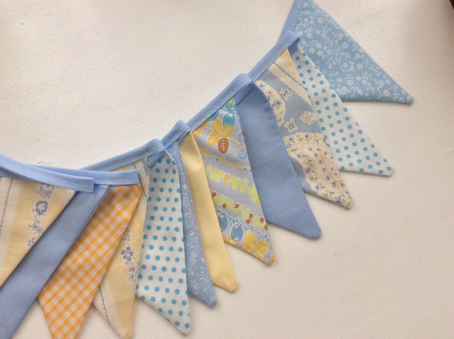 Bunting yellow and blues, 12 small flags great for decoration a camper van, bike