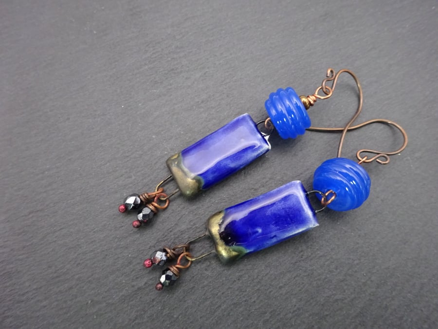 copper, blue lampwork glass and ceramic earrings