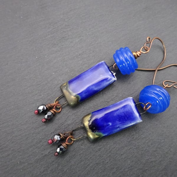 copper, blue lampwork glass and ceramic earrings