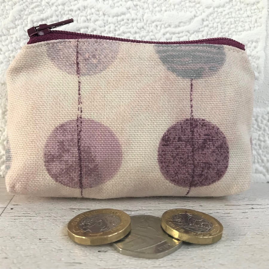 Small purse, coin purse in pink with purple and silver circles