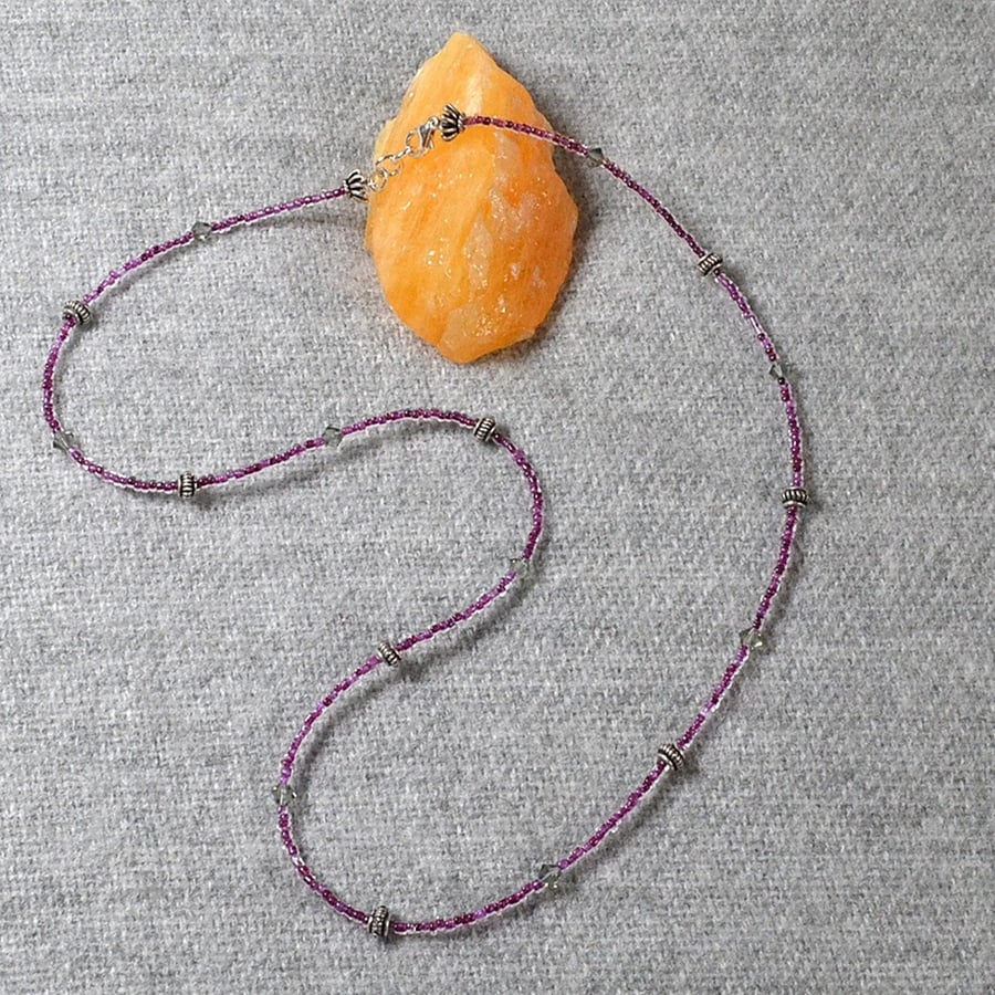 Purple Glass Seed Bead, Crystal Bicone, and Decorative Metal Spacer Necklace