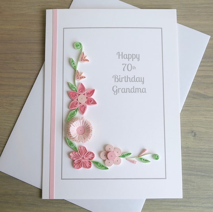 Handmade 70th birthday card with pink quilled f... - Folksy