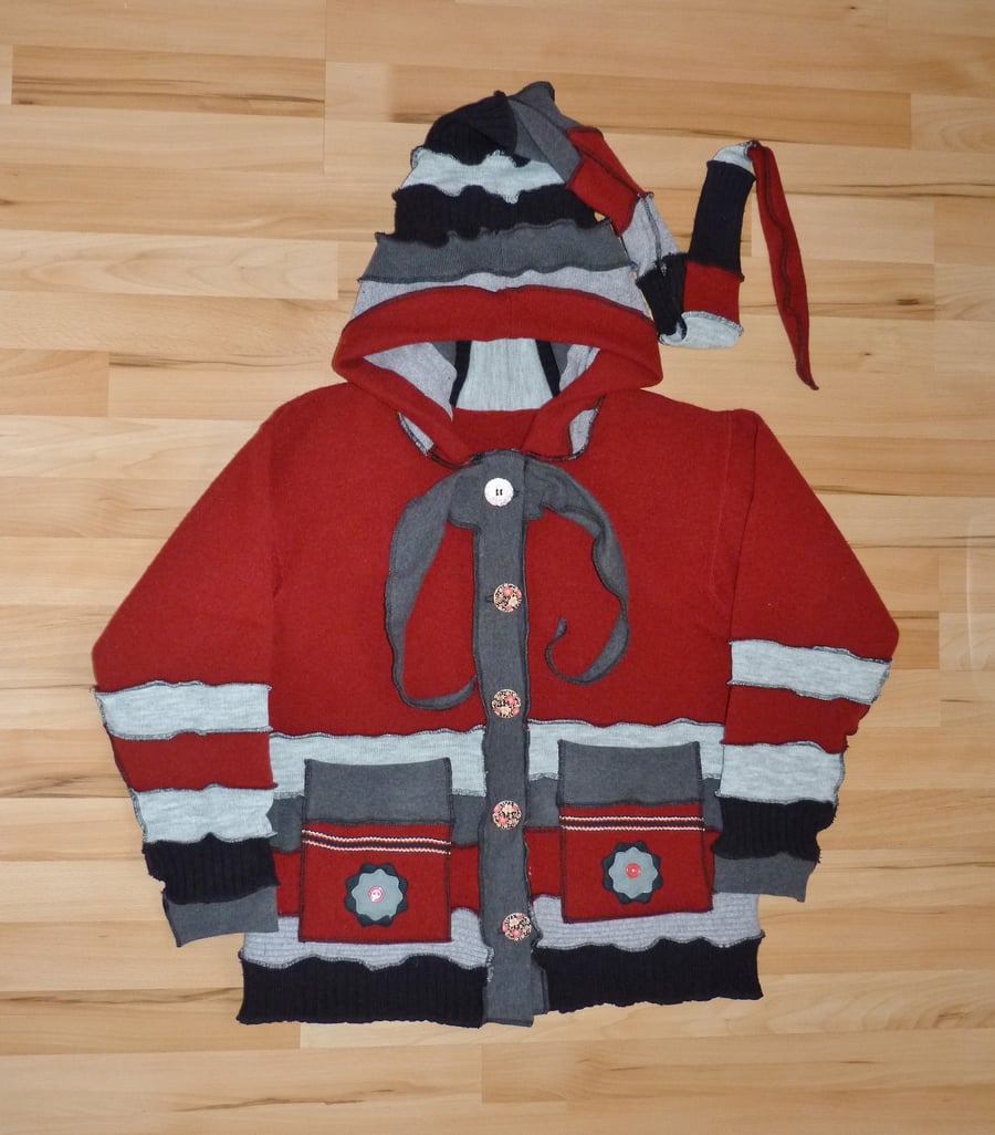  Jacket from Upcycled Jumpers with Buttons Hood Patch Pockets and Neck Ties. Red