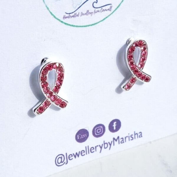 Breast Cancer Awareness Earrings Studs Pink Ribbon Crystal Jewellery Gift