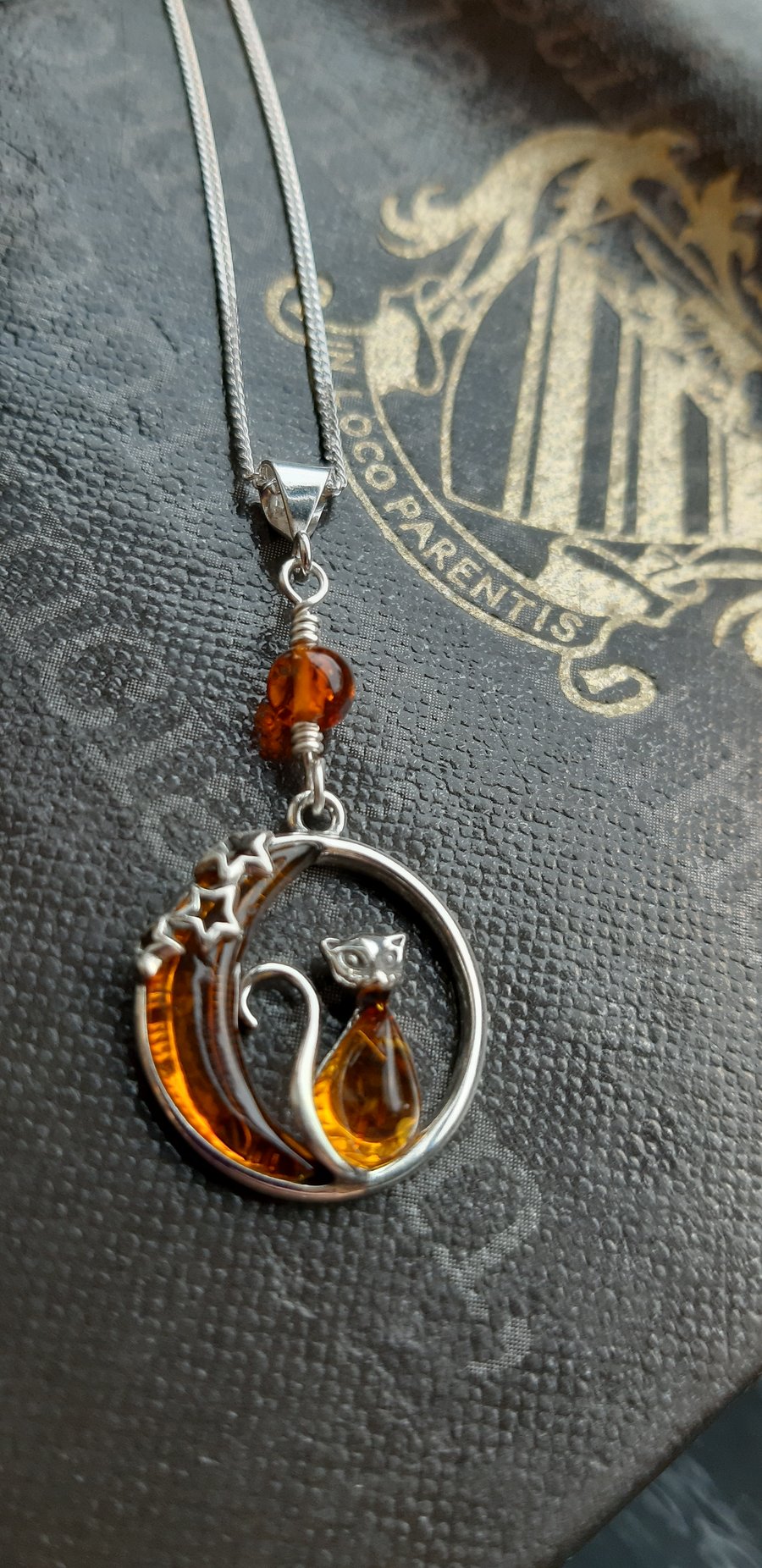 Baltic Amber Cat and the Moon and Sterling Silver Pendant 
