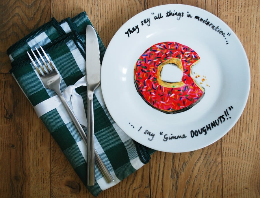 Hand Painted Illustrated Side Plate 'DOUGHNUTS!!'