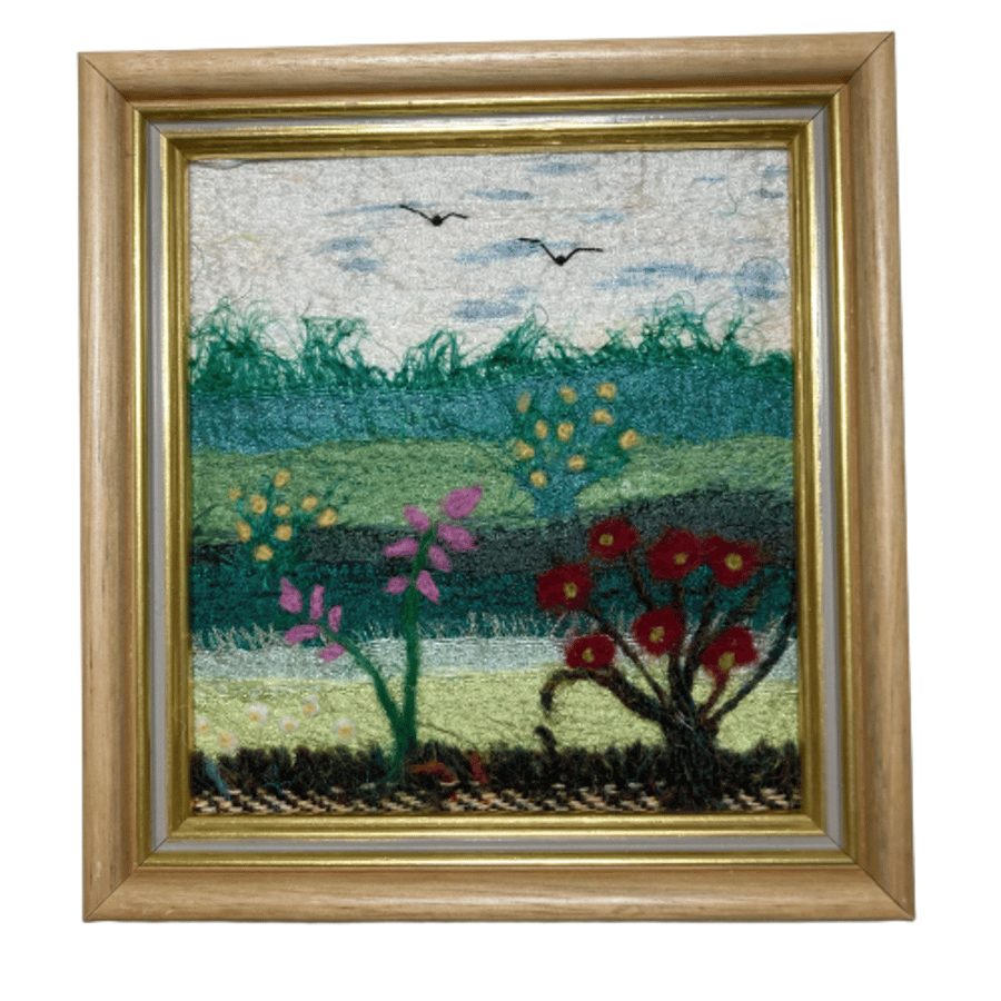 Wild flower meadow, needle felted textile art, silk and wool