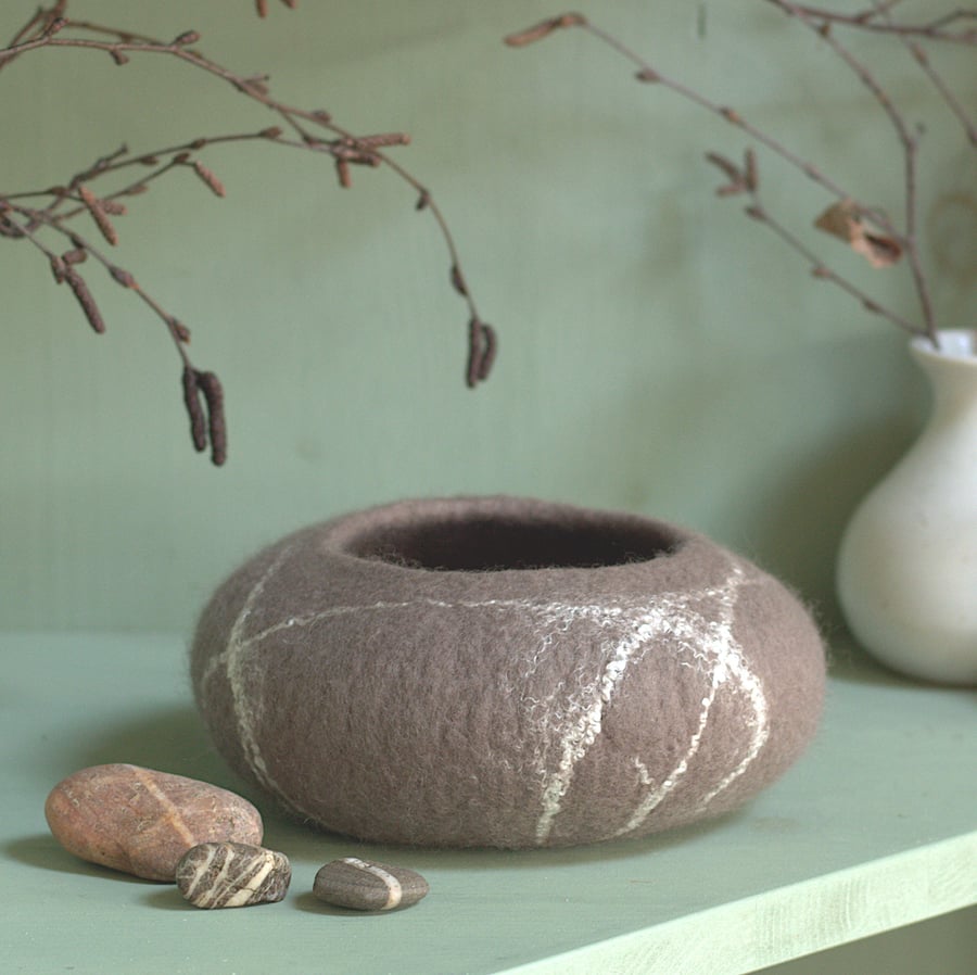 Taupe Grey Felt Striped Pebble Bowl - hand felted textile art
