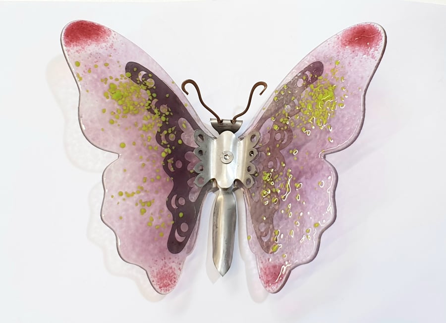 Butterfly Wall Art - Glass and Metal - Pink and Green Butterfly
