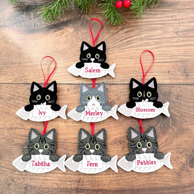 Cat With Fish Hanging Decoration Personalised Gift