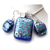 Dichroic Glass Pendant Earring Set 073 Aqua Blue Sparkle and silver plated chain