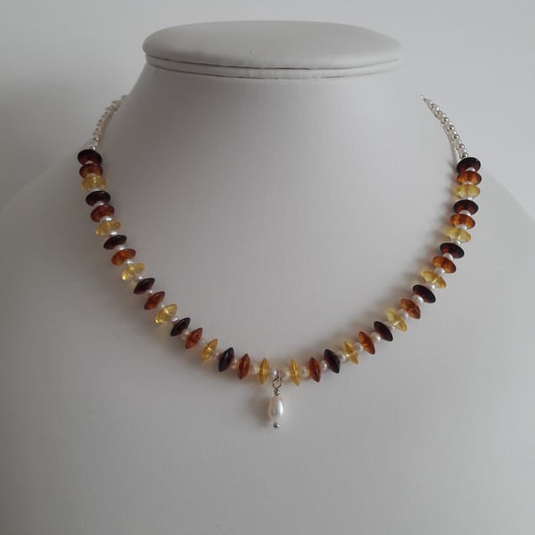 Amber and Freshwater Pearl Necklace. Bespoke, Sterling Silver, Gift for Her