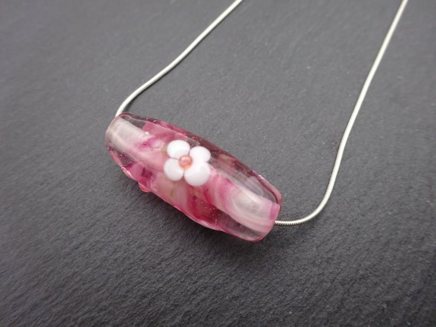 sterling silver chain, pink lampwork glass pendant