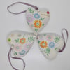 CLEARANCE Three Heart decorations lavender scented embroidered flowers