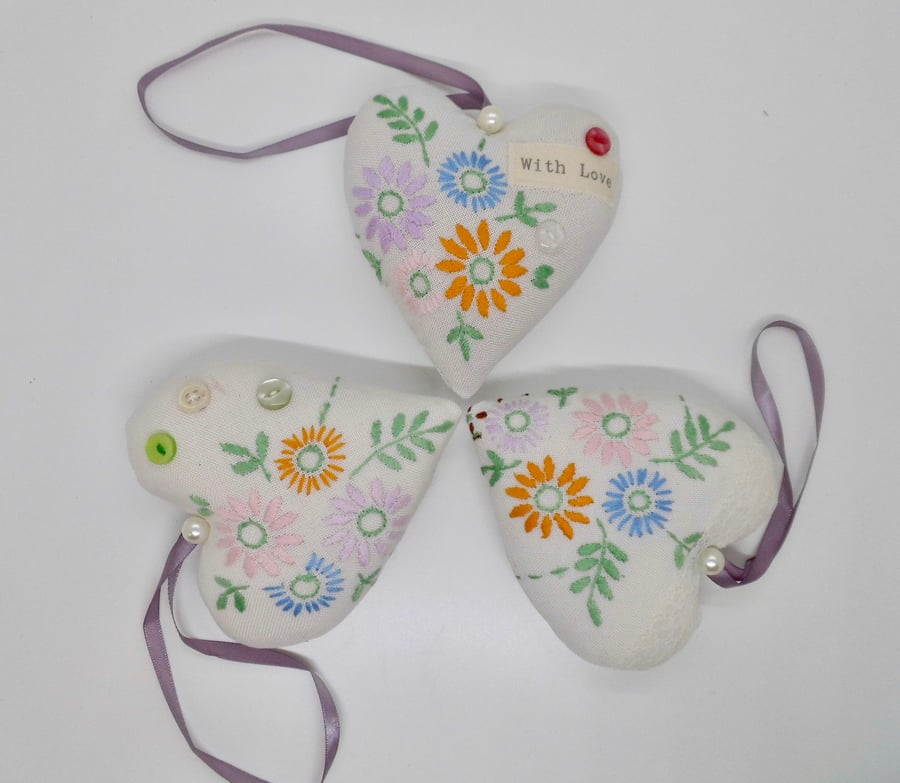 SOLD CLEARANCE Three Heart decorations lavender scented embroidered flowers