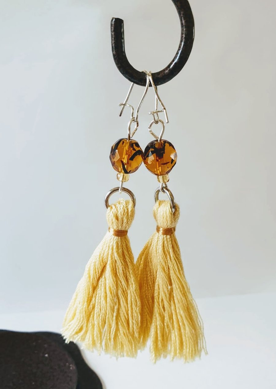  Amber faceted glass bead and tassel earrings