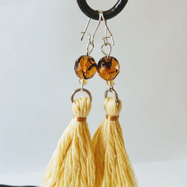  Amber faceted glass bead and tassel earrings