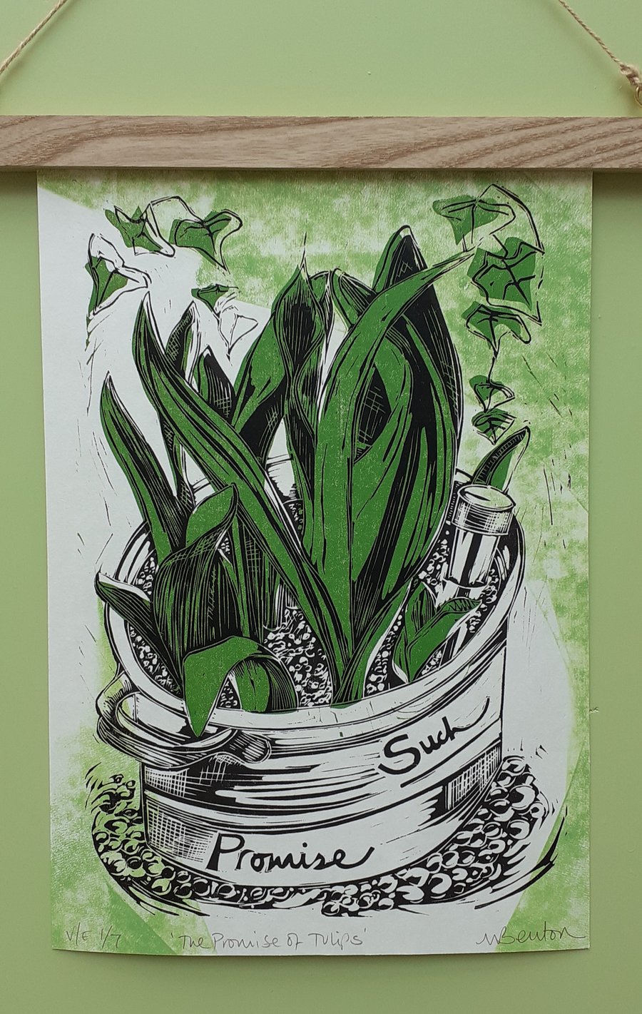 'The Promise of Tulips', Two Block Lino Print over Green (VE no.1 of 7)