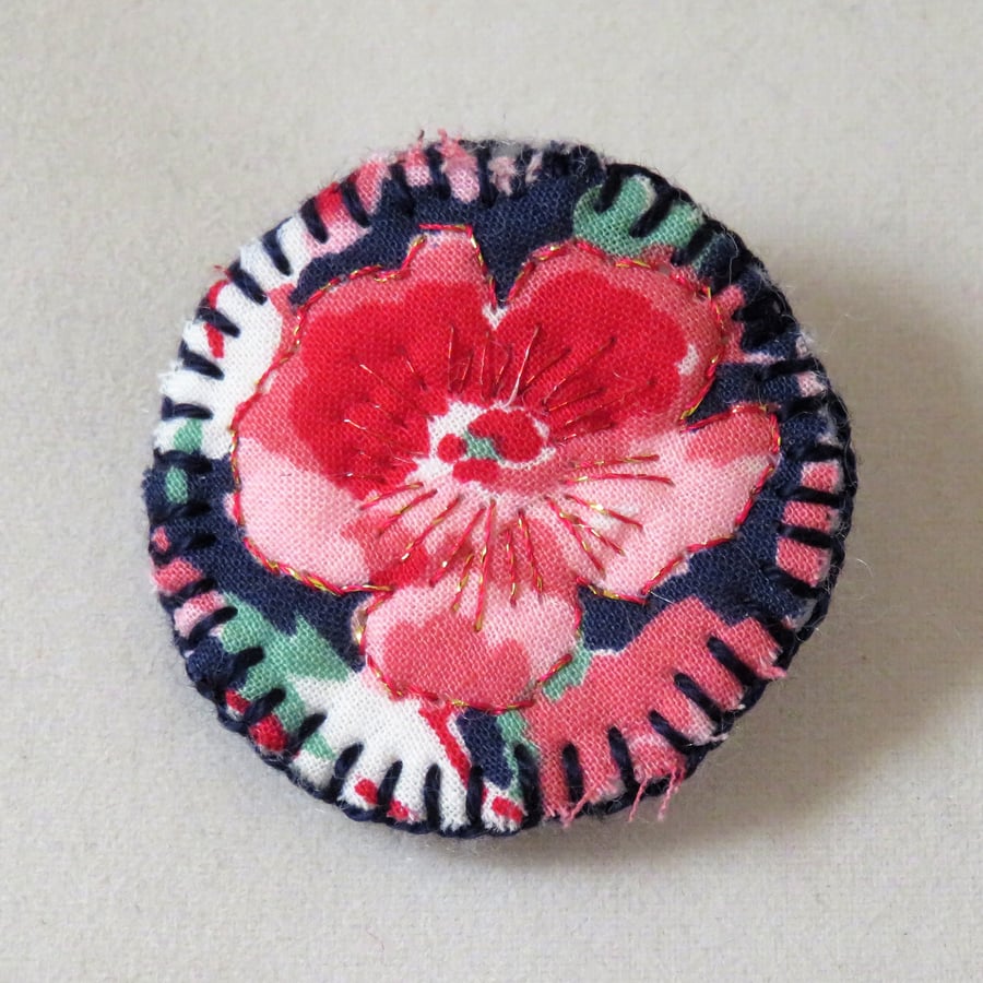 Flower badge style brooch metallic thread embroidery on vintage fabric