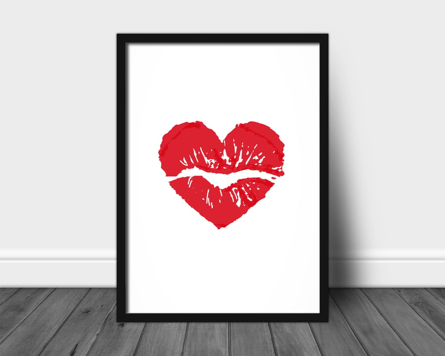 Heart lipst print, minimalistic wall decor, heart wall art, watercolour heart